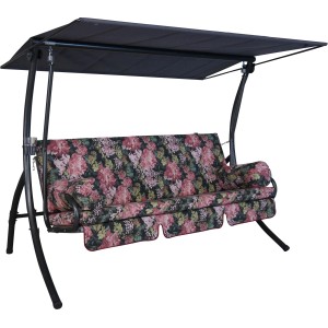 Angerer Hollywoodschaukel Dream Dresden Schwarz Blumen mit schwarzem Gestell und floralem Muster.