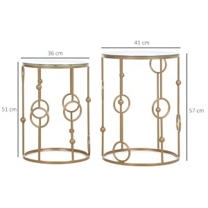 Goldenes Couchtisch-Set aus Metall mit gehärtetem Glas. Zwei runde Tische im Reifen-Design, 41x57H & 36x51H cm.
