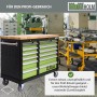 TRUTZHOLM Werkstattwagen DELUXE mit 12 Schubladen, bestückt und mit Holzplatte.