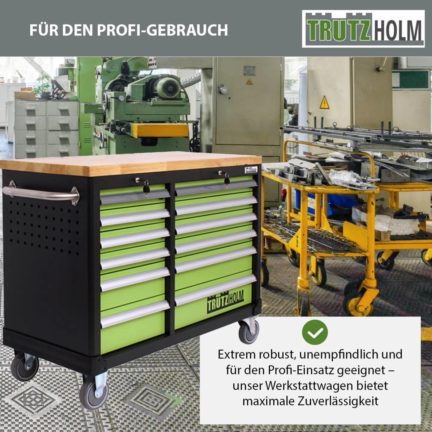 TRUTZHOLM Werkstattwagen DELUXE mit 12 Schubladen, bestückt und mit Holzplatte.