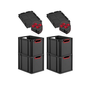PROREGAL SuperSparSet: 4 Euroboxen Nextgen Color, 2 Deckel, schwarz mit roten Griffen. Stapelbare Aufbewahrungsboxen.