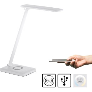 Weiße LED-Tischleuchte Florentina mit Ladefunktion für Handy.