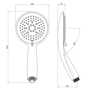 Technische Zeichnung der Euroshowers Handbrause. Rundkopf, 110x235mm, mit Düsenmuster und Seitenansicht. Duschzubehör.