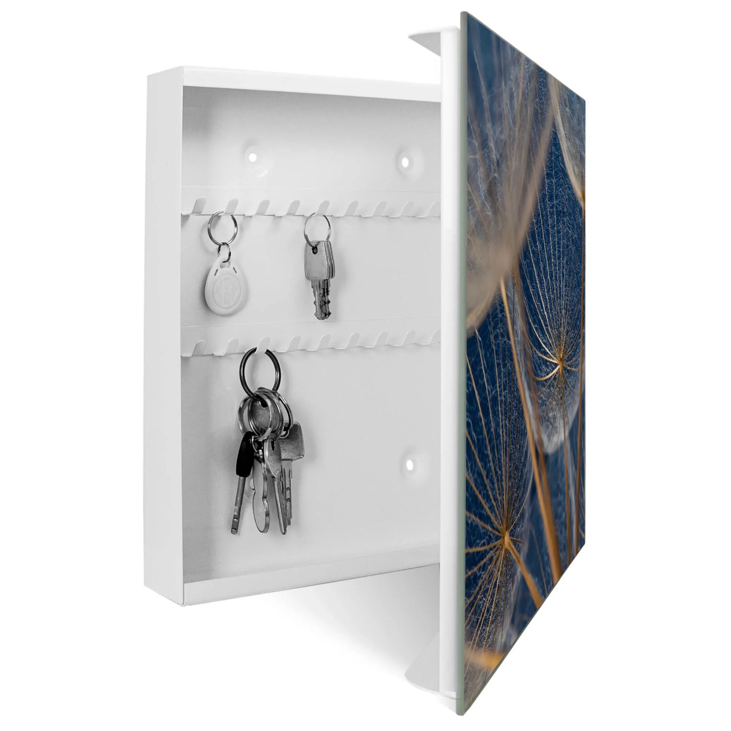 Weißer Banjado Schlüsselkasten mit Glasfront, Motiv Verblüht, 50 Haken, magnetisch und beschreibbar.