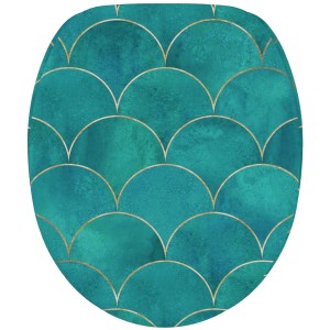 Sanilo WC-Sitz Aquarell mit Absenkautomatik, Holz, türkis mit goldenem Schuppenmuster.
