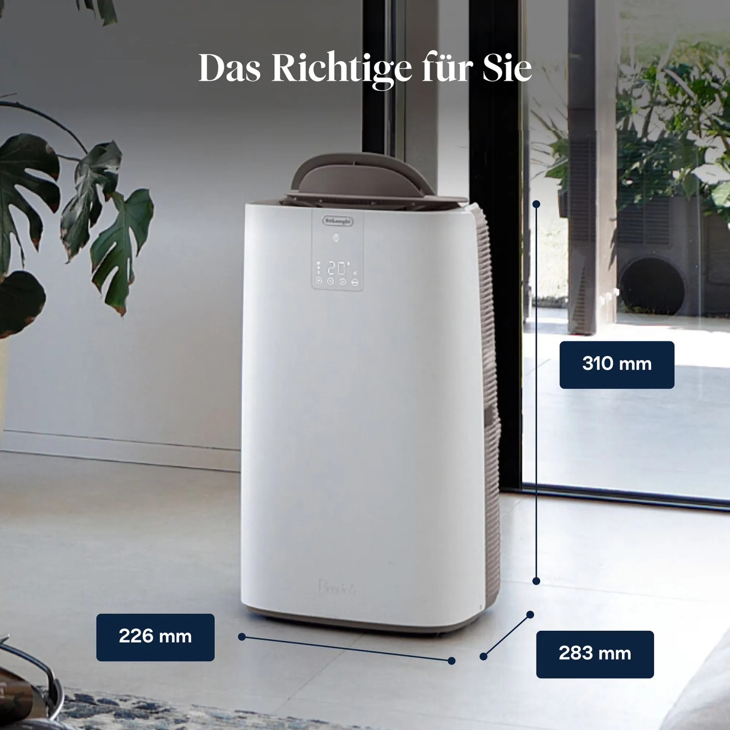 De'Longhi Klimagerät PAC-AP120 in Weiß mit Maßangaben für mobile Kühlung.
