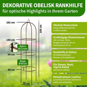 TTL GARDEN Obelisk Rankhilfe XL 195 x 40 cm Braun Metall Pulverbeschichtet Rankgitter Rosensäule Kletterhilfe für Rosen Clematis