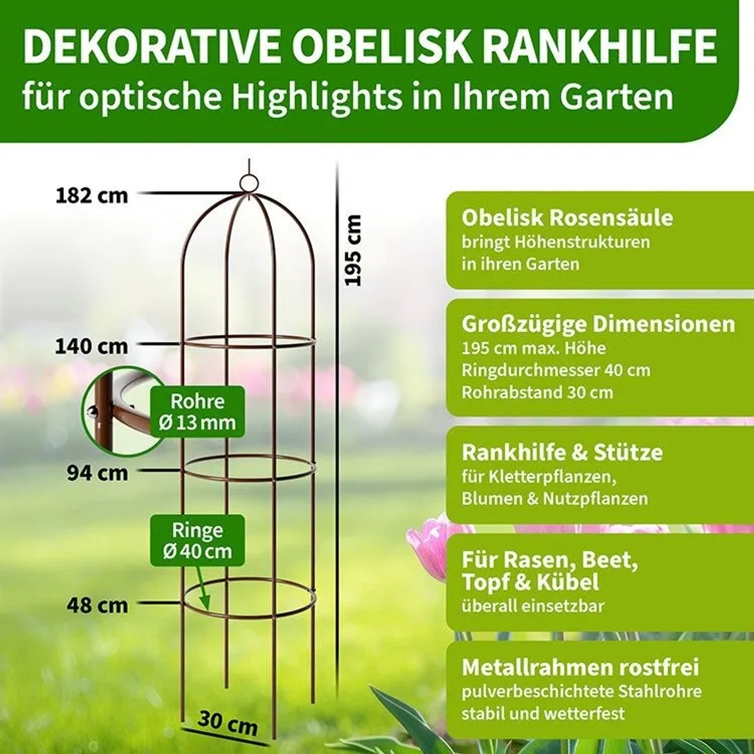 TTL GARDEN Obelisk Rankhilfe XL 195 x 40 cm Braun Metall Pulverbeschichtet Rankgitter Rosensäule Kletterhilfe für Rosen Clematis_2
