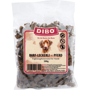 Dibo Hunde-Belohnungssnacks Barf Pferd, 200g. Leckerli für Hunde mit Pferdefleisch im transparenten Beutel.