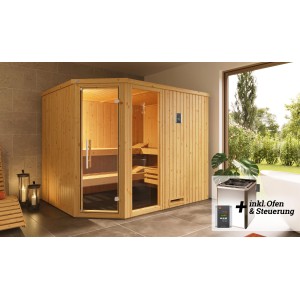 Weka Element-Ecksauna Varberg 4 Sparset mit Glastür, Fenster und Saunaofen.