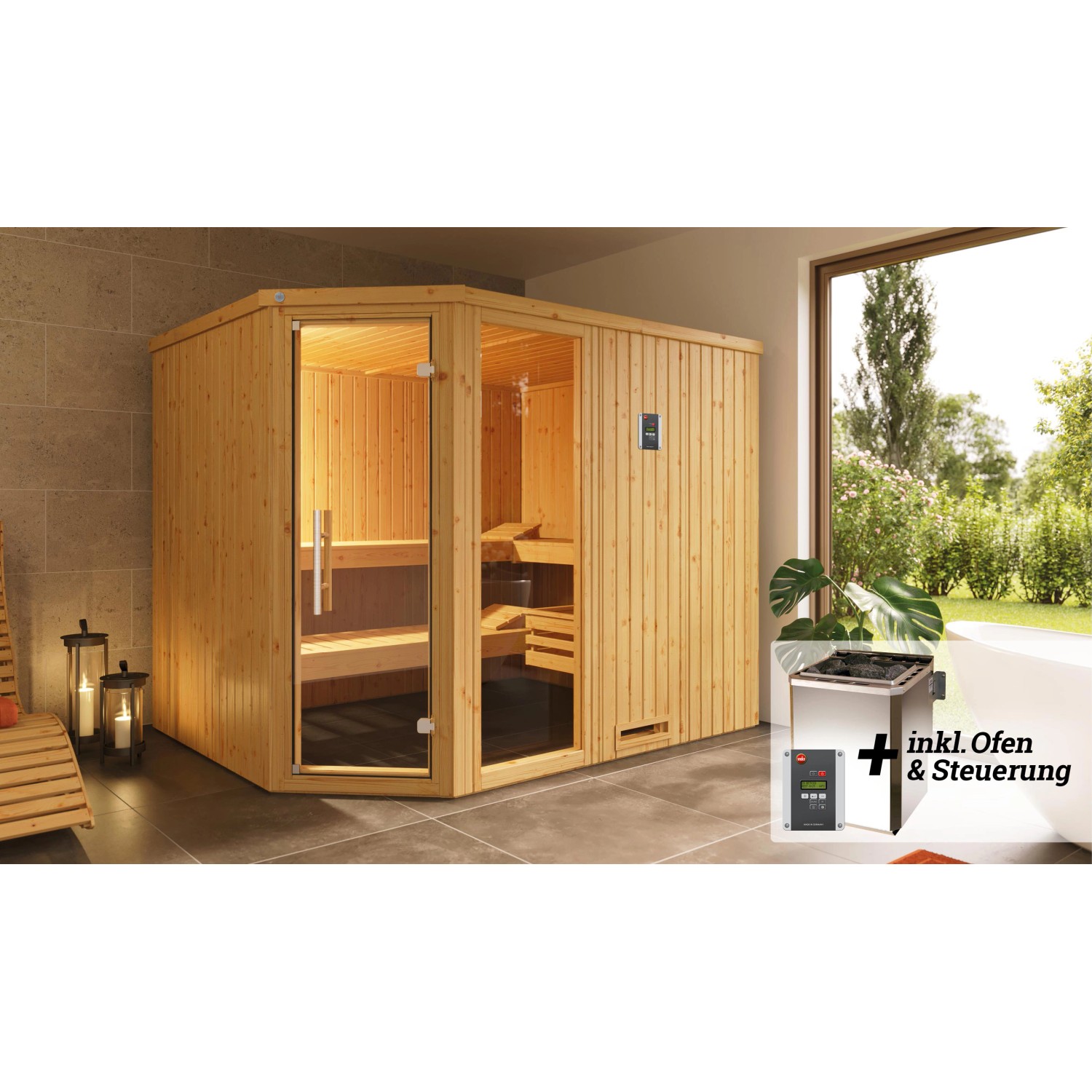 Weka Elementsauna Varberg 4 Sparset 7,5 kW BioS digi. Steuerung Glastür Fenster