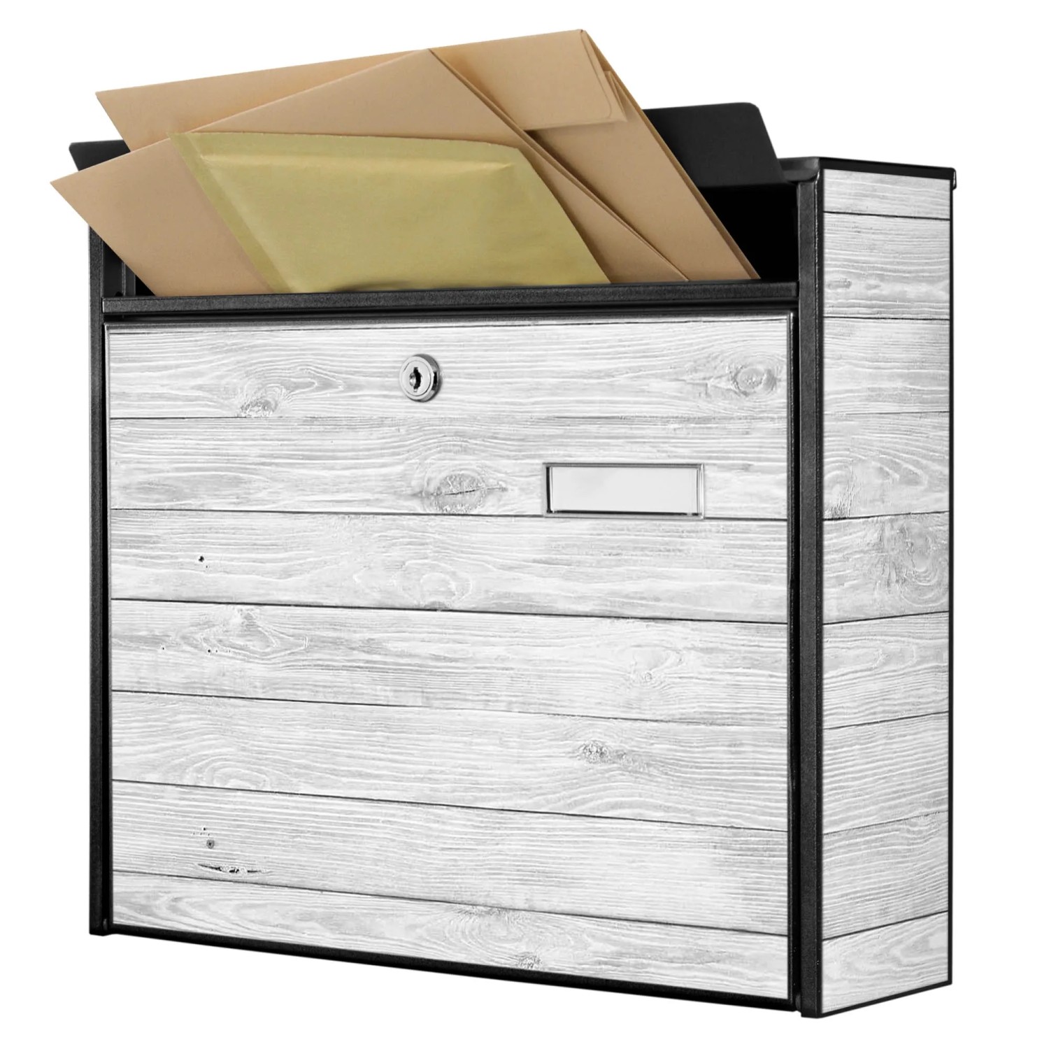 Banjado Briefkasten, schwarz/weiß gebeizt, mit Holzoptik, Namensschild und Briefen. Groß und rostfrei.