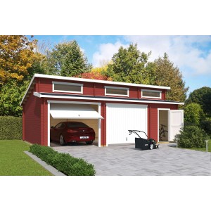Lasita Garage Hawaii Set, Schwedenrot, mit Auto, Rasenmäher und Fahrrad. Fertiggarage mit Schwingtoren.