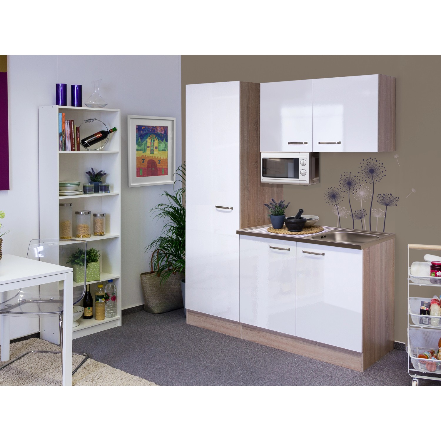 Flex-Well Singleküche/Miniküche 150 cm Valero Hochglanz Weiß-Sonoma Eiche