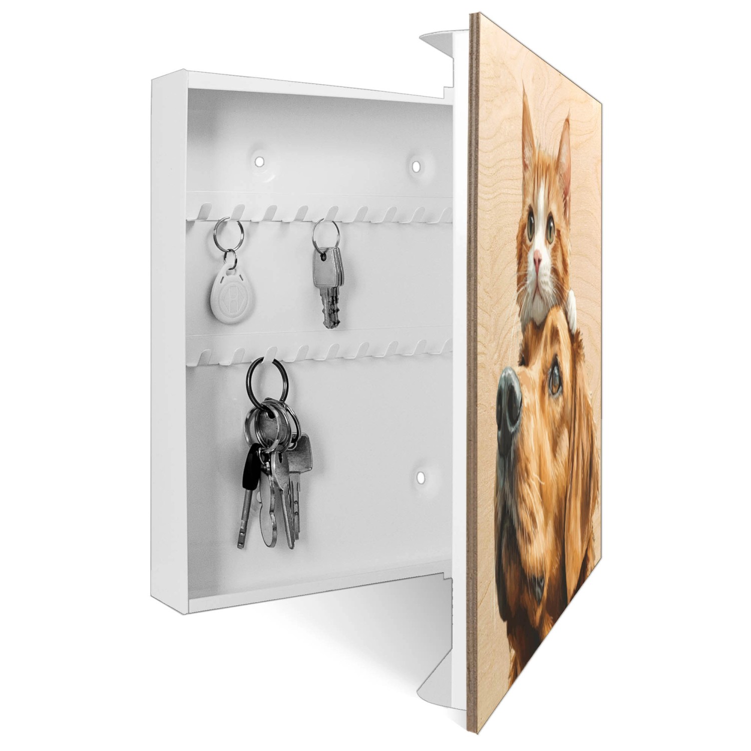 Weißer Schlüsselkasten aus Holz mit Tiermotiv (Katze und Hund) und 50 Haken, Scharnier rechts.