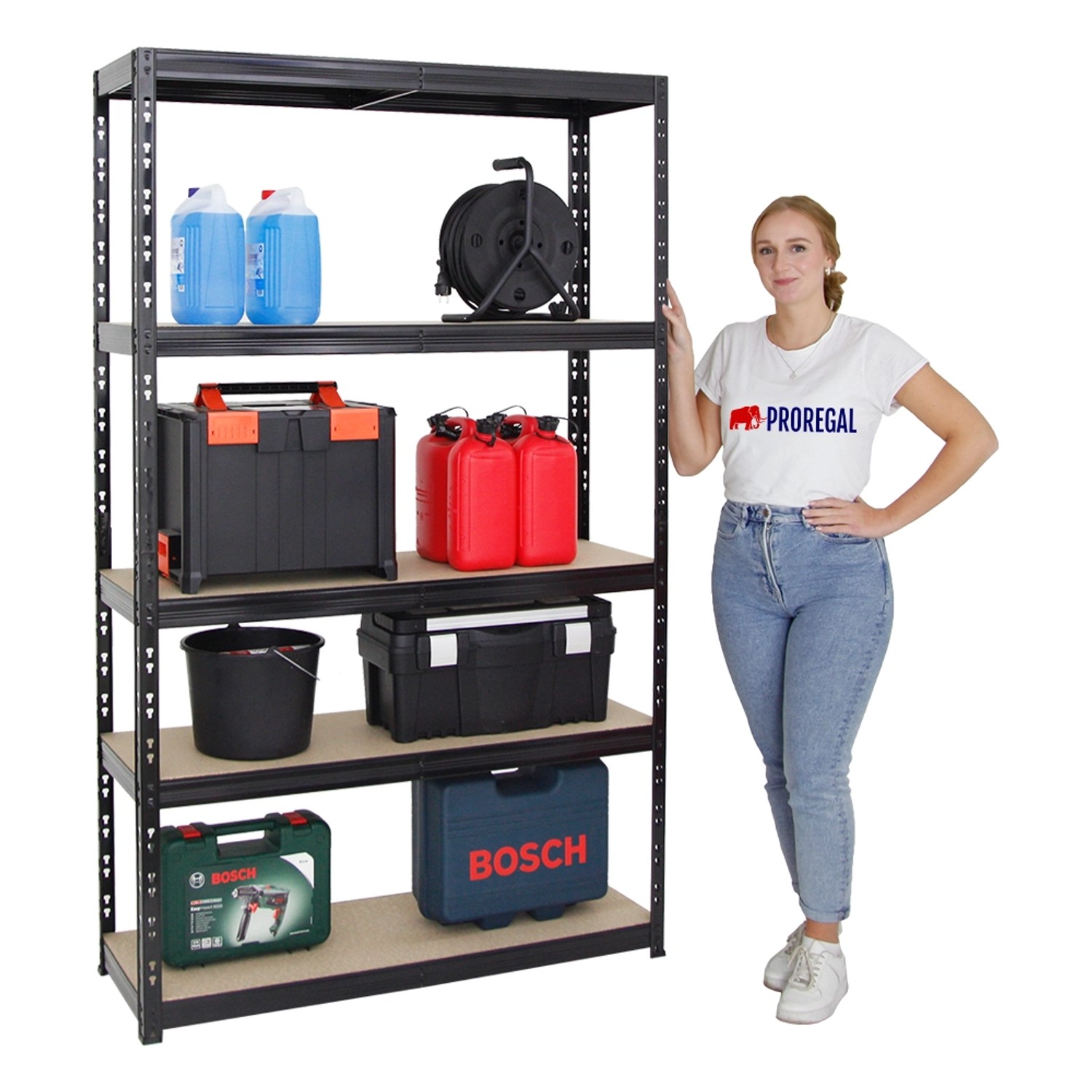 Schwarzes PROREGAL Schwerlastregal Giant Tiger mit 5 Ebenen und diversen Gegenständen.