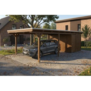 Skan Holz Carport Emsland Stahl-Dachplatten Abstellraum 402 x 846 cm Nussbaum