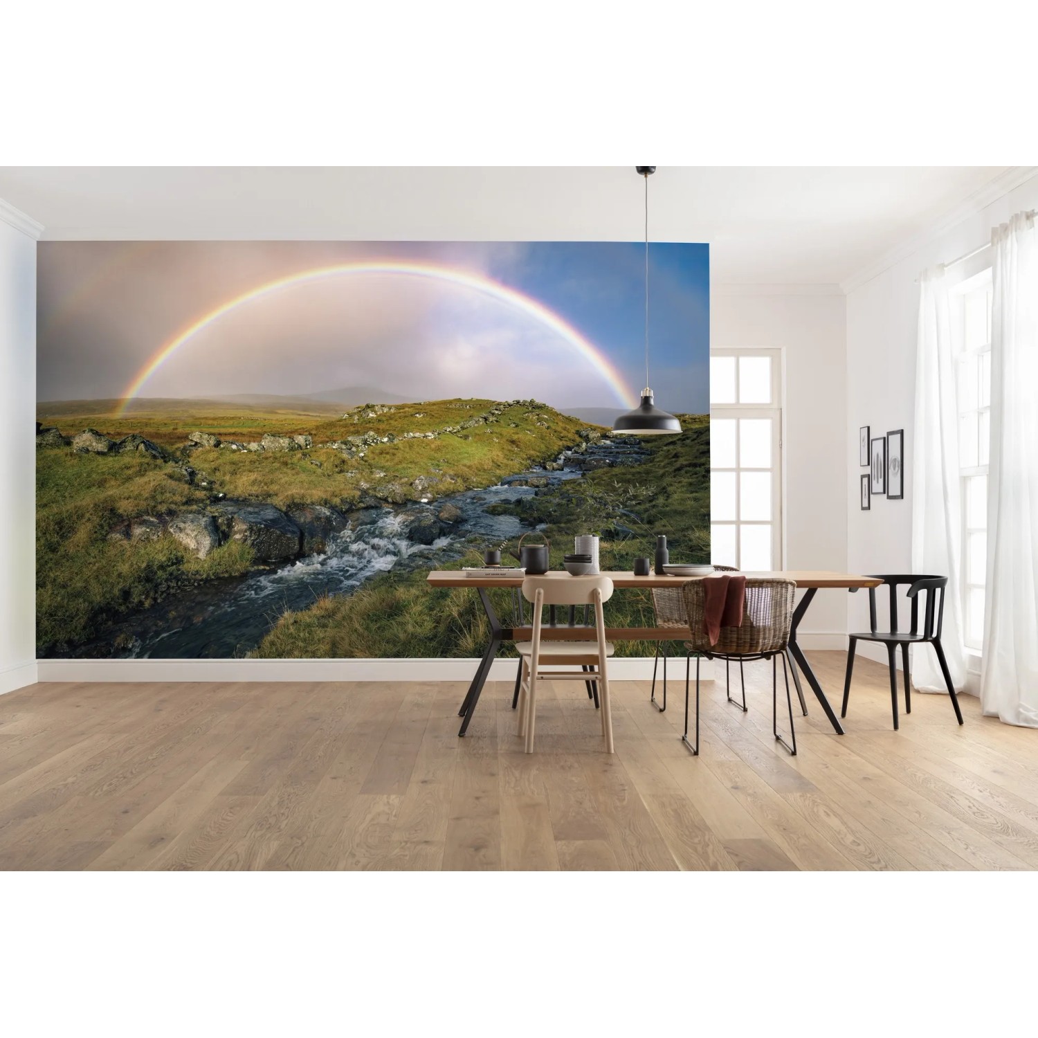 Vlies Fototapete mit Landschaftsmotiv und Regenbogen, 450x280 cm.