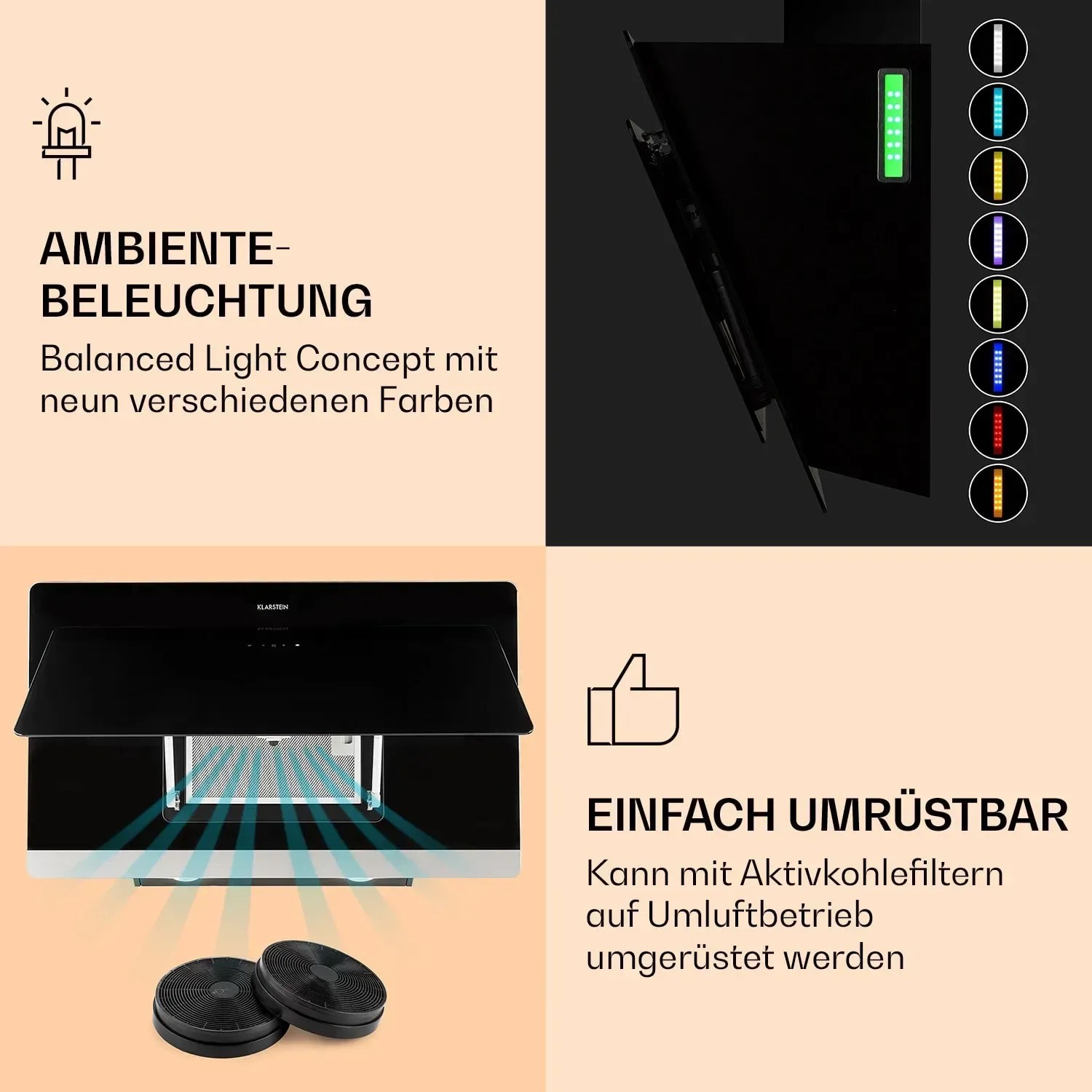 Klarstein Aurora Eco 90 Dunstabzugshaube, schwarz, mit Ambientelicht und optionalen Aktivkohlefiltern.