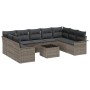 Graues 10-teiliges vidaXL Garten-Sofa-Set aus Poly Rattan mit Kissen und Tisch.