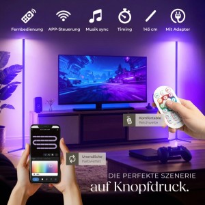Schwarze Tectake LED-Stehlampe Spectra mit 16 Mio. Farben, 200+ Effekten, per App/Fernbedienung steuerbar, im Wohnzimmer.