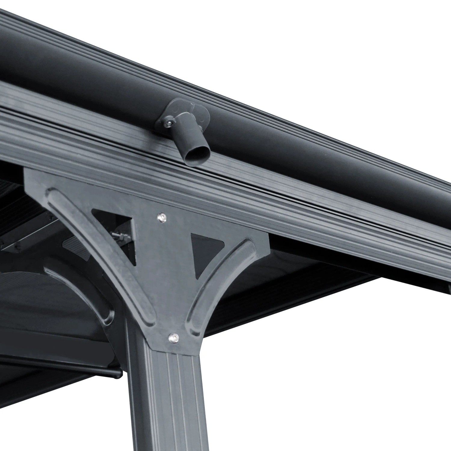 Detailaufnahme Ximax Einzelcarport: Dachrinne, Stütze und hitzeabweisendes Polycarbonat-Dach.