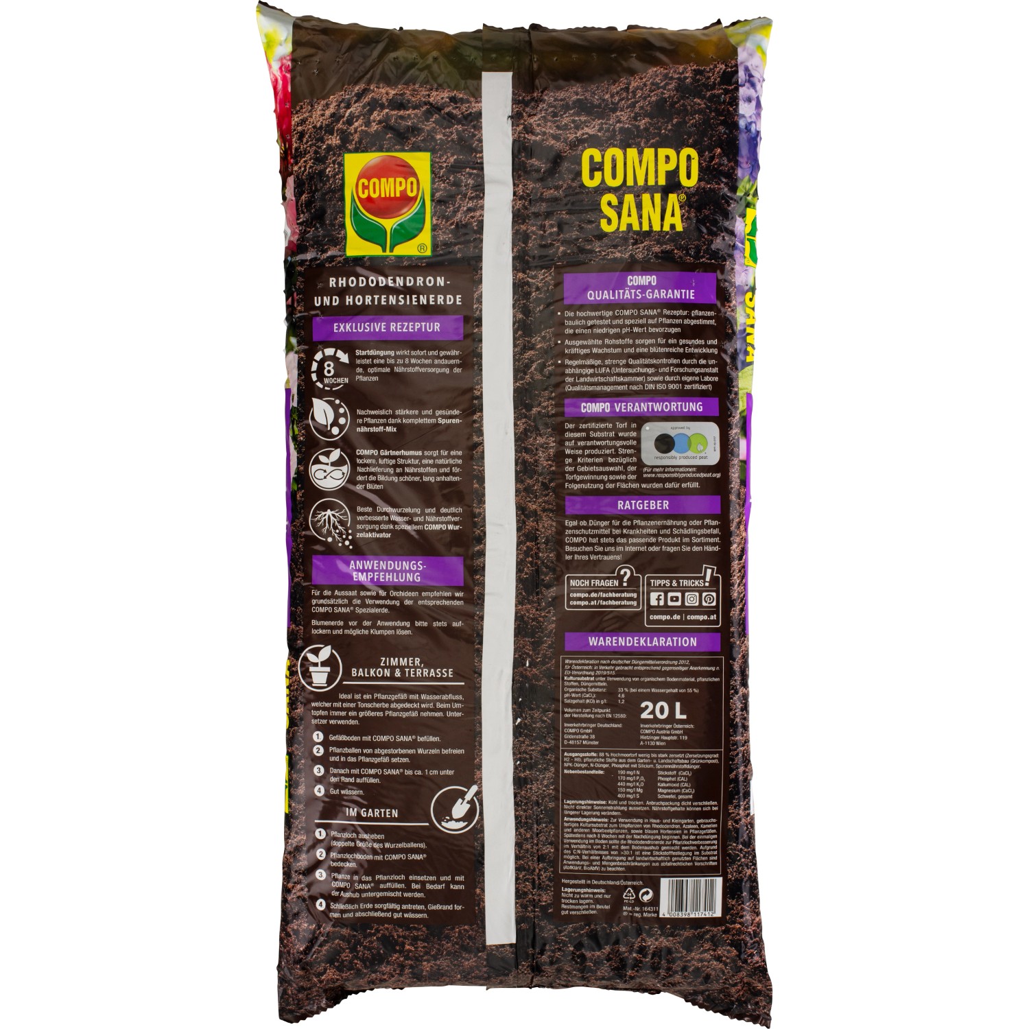 Sack Compo Sana Rhododendronerde, 20 Liter, für saureliebende Pflanzen wie Rhododendren und Hortensien.
