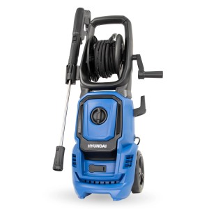 Blauer Hyundai Hochdruckreiniger HPW1800CE mit Schlauchtrommel und Lanze.