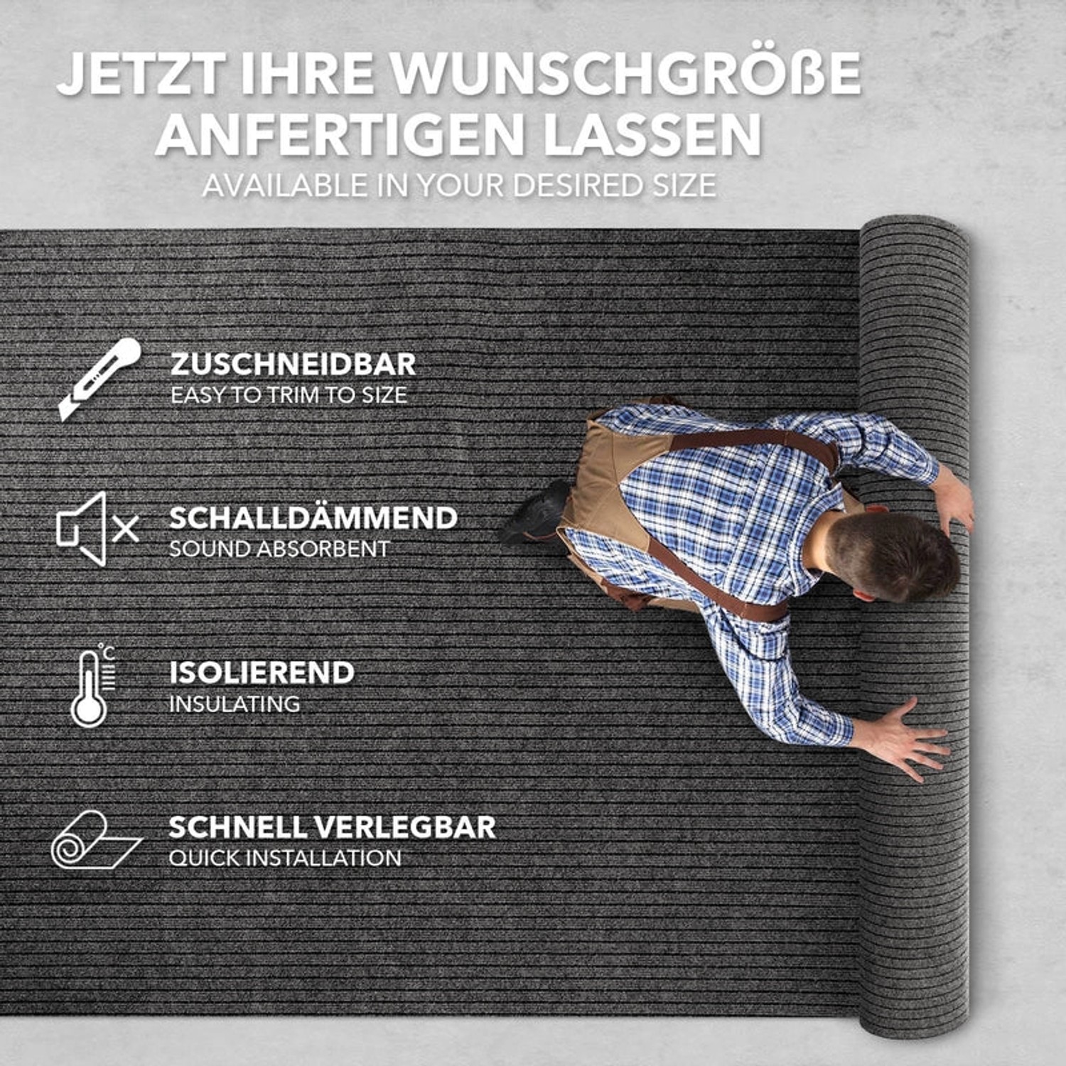 Grauer Eventteppich Atlas auf Maß: Rollteppich mit Hinweisen zu Eigenschaften wie Zuschneidbarkeit.