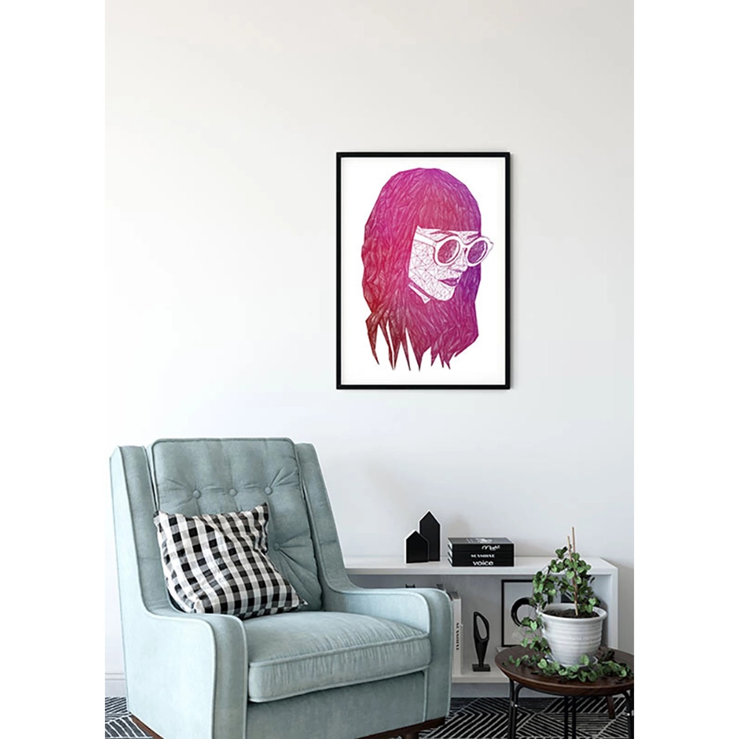 Komar Wandbild Grid Pink (30x40 cm) mit abstraktem Frauengesicht und Brille im schwarzen Rahmen.