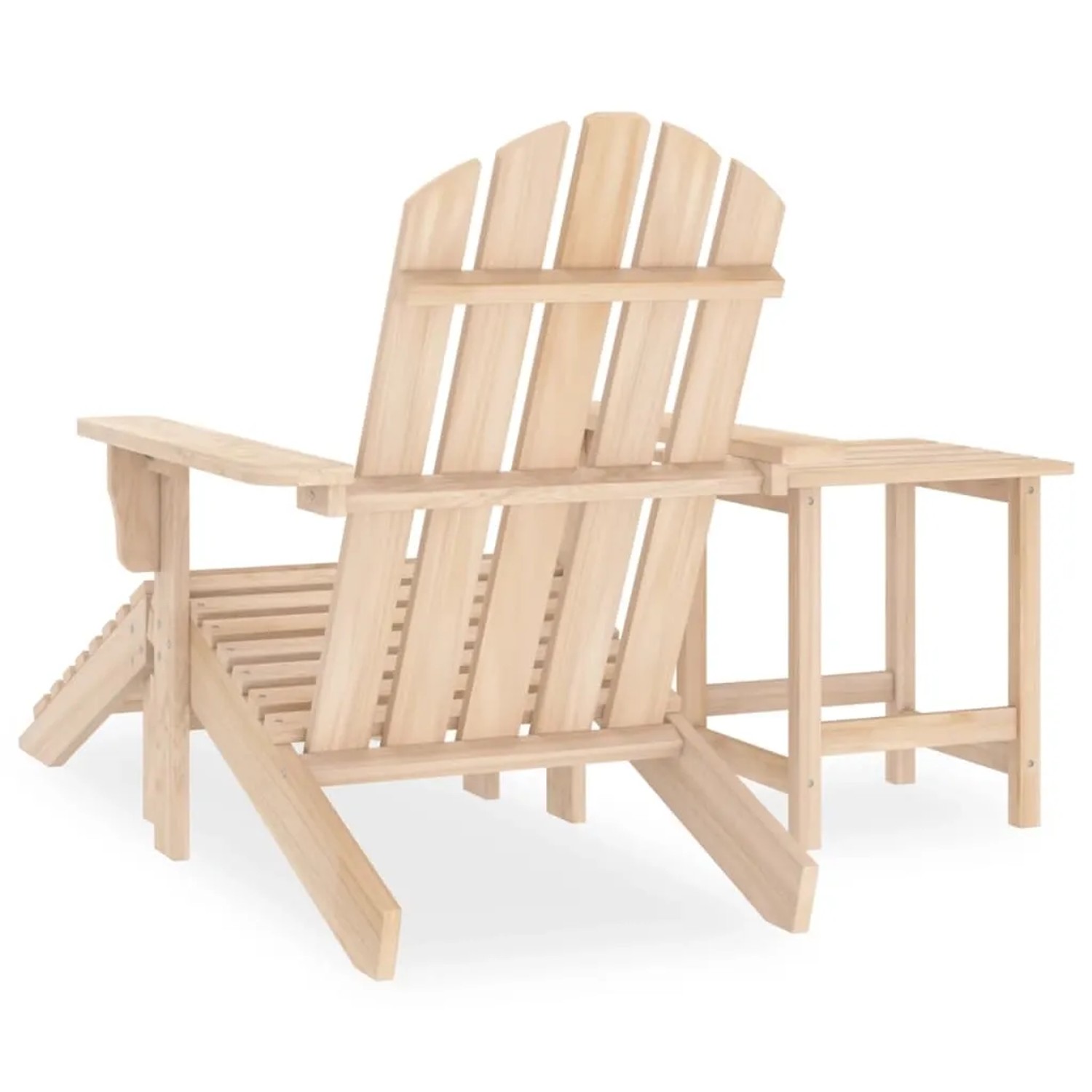 Adirondack Gartenstuhl mit Fußstütze und Tisch aus Tannenholz, naturbelassen.