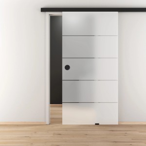 Novadoors Schiebetür-Set Ontario, 190 cm, Schwarz. Glastür mit Linien-Design und schwarzer Laufschiene.