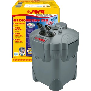 Sera Aquarium-Außenfilter Fil Bioactive 250 + UV, grauer Filter mit Zubehör und Verpackung.