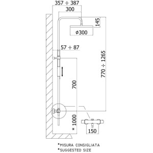 Technische Zeichnung: Kronenbach Duschsystem Aufputz mit Thermostat und Kopfbrause Ø 30 cm.