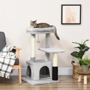 Grauer PawHut Kratzbaum mit Katzenhöhle, Liegeflächen und Sisalstämmen. Katze liegt oben.