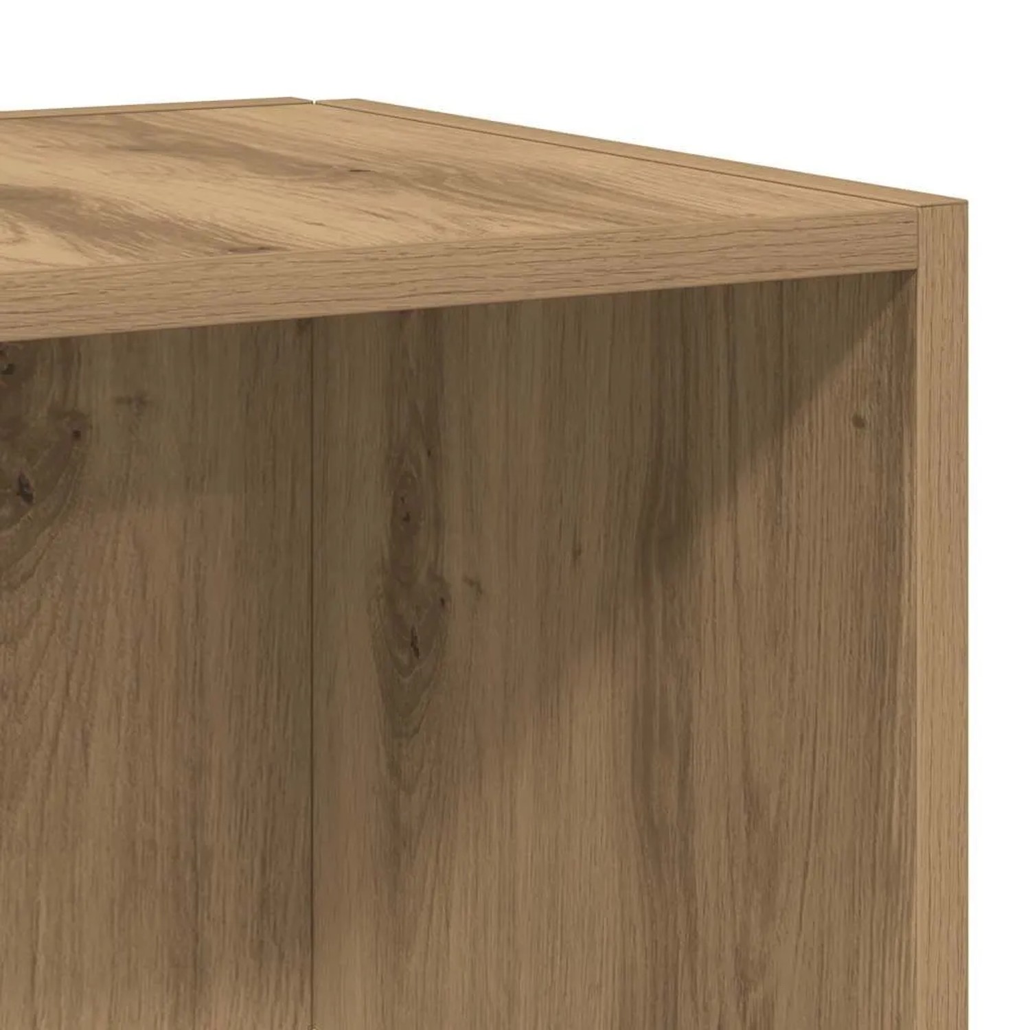 Detailaufnahme eines Eckregals in Artisan-Eiche, Teil eines Wohnzimmerschranks.
