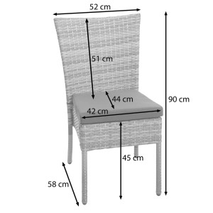 MCW Poly-Rattan Stuhl, 2er-Set, grau mit dunklen Kissen, Maße eingezeichnet.