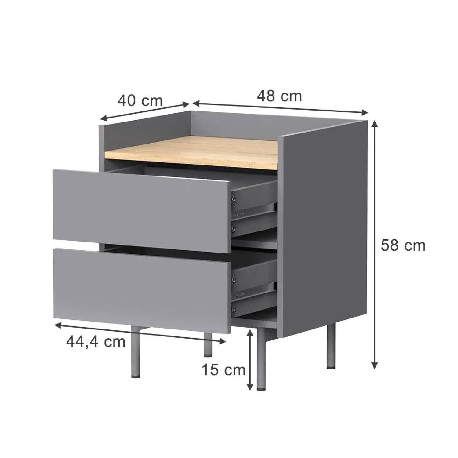 Grauer Nachttisch Velina mit Eiche-Akzent, 2 offenen Schubladen und Metallbeinen. Maße: 48x58x40 cm.
