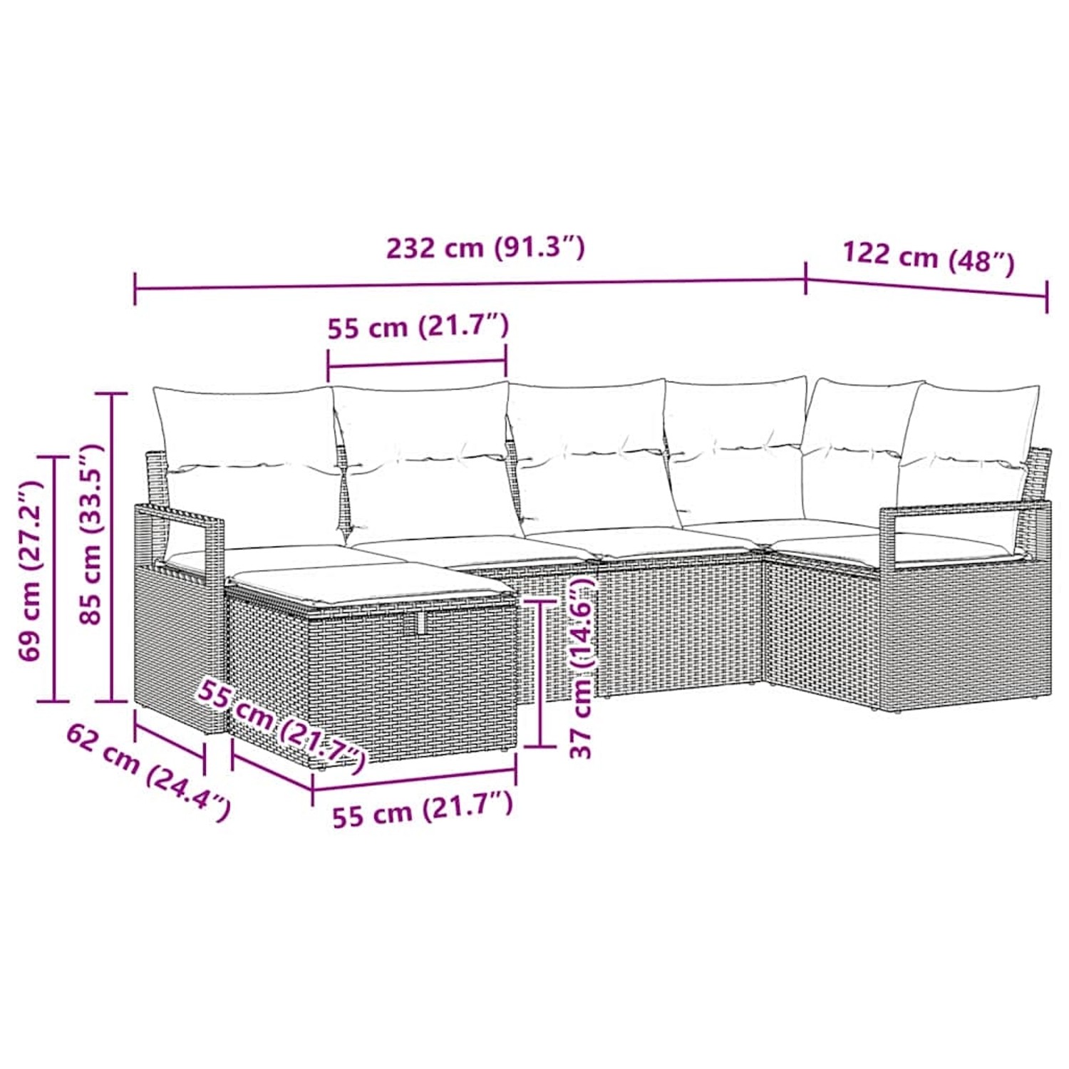 Beiges 6-tlg. vidaXL Garten-Sofa-Set aus Poly Rattan mit Kissen und Stauraum, Maße siehe Abbildung.