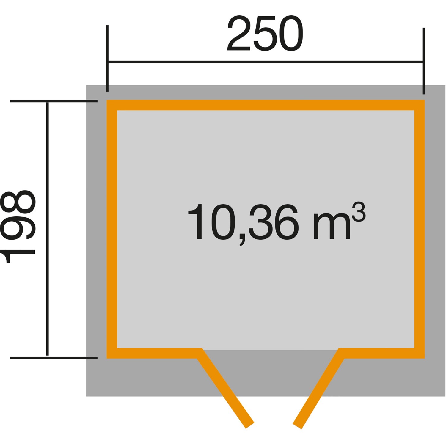 Grundriss Weka Holz-Gartenhaus Pultdach: 250x198 cm, 10,36 m³ Volumen. Ideal zur Gartenhaus-Planung.