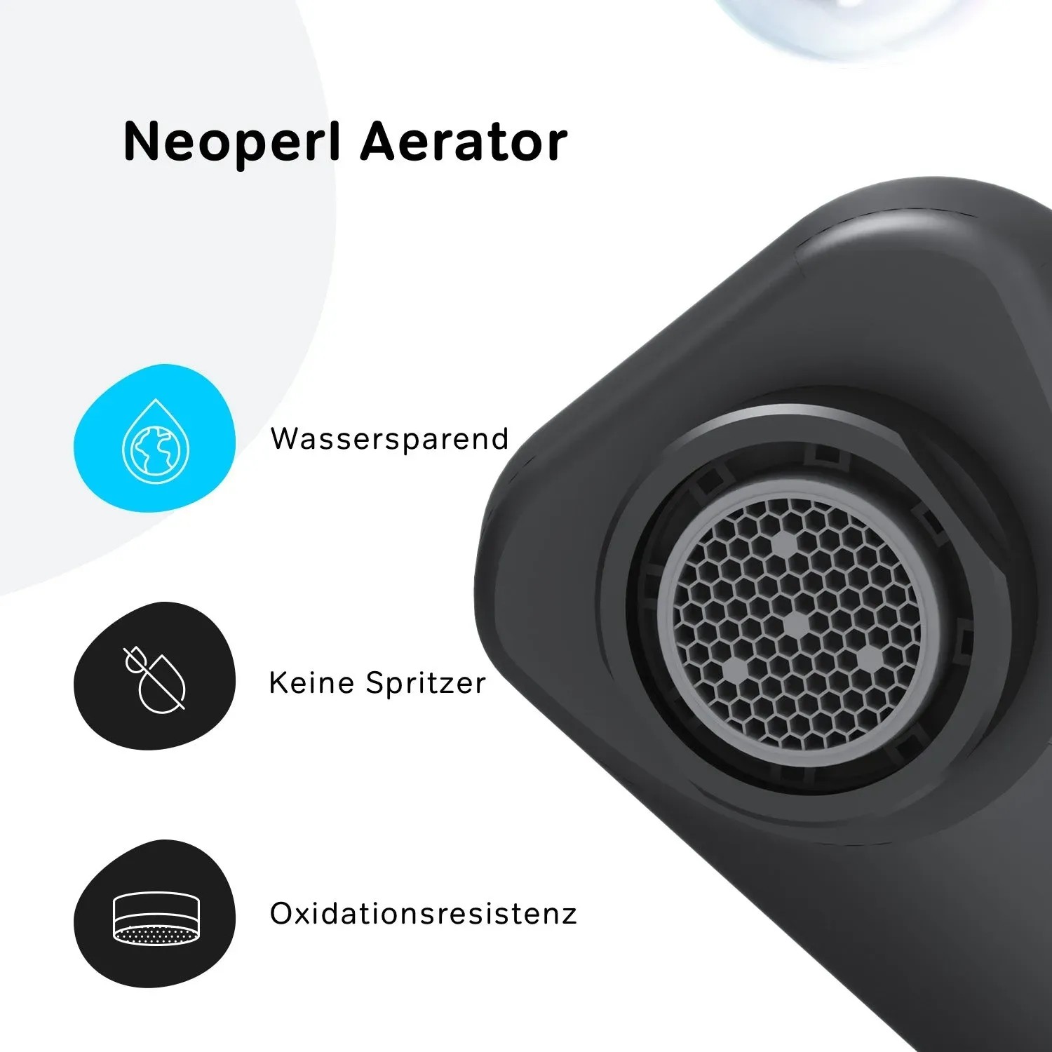 Detailaufnahme: Schwarze AM.PM Waschtischarmatur mit Neoperl Aerator für Wassersparen, Spritzschutz und Oxidationsresistenz.