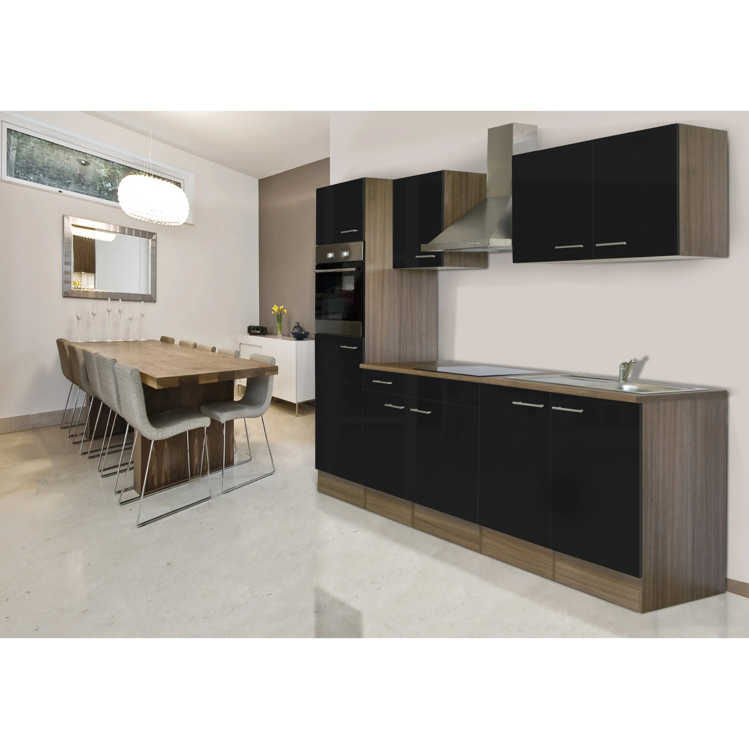 Respekta Küchenzeile KB270EYS, 270 cm, Schwarz Seidenglanz/Eiche York Nachbildung, mit E-Geräten.