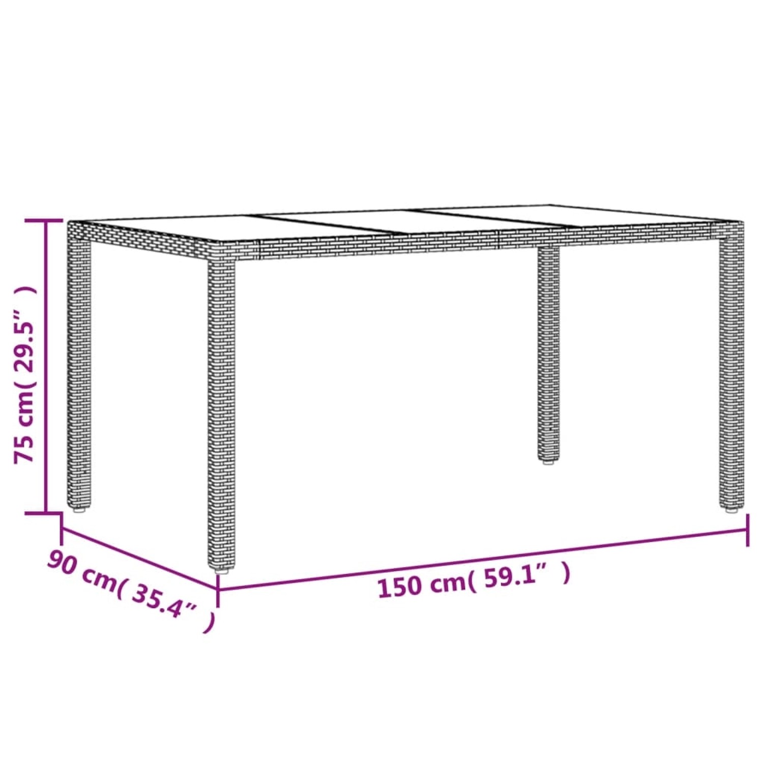 vidaXL Garten-Esstisch, grau, Poly Rattan, Glas, 150x90x75 cm, Teil der 5-tlg. Essgruppe.