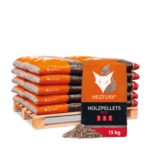 Heizfuxx Holzpellets Red auf Palette, 20x 15kg Säcke. Braune Pellets vor orange-schwarzem Sack.