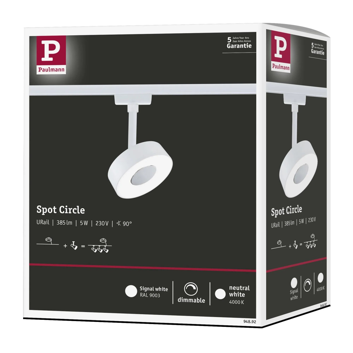 Verpackung des Paulmann LED-Schienenspots Circle URail in Signalweiß. Neutralweißes Licht.