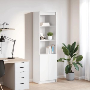 Hohes weißes vidaXL Highboard aus Holzwerkstoff mit offenen Regalen und zwei Türen, vielseitiger Stauraum.