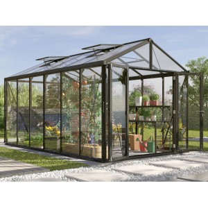 Vitavia Gewächshaus Zeus Comfort 11900, schwarzer Rahmen, Pflanzen im Inneren.