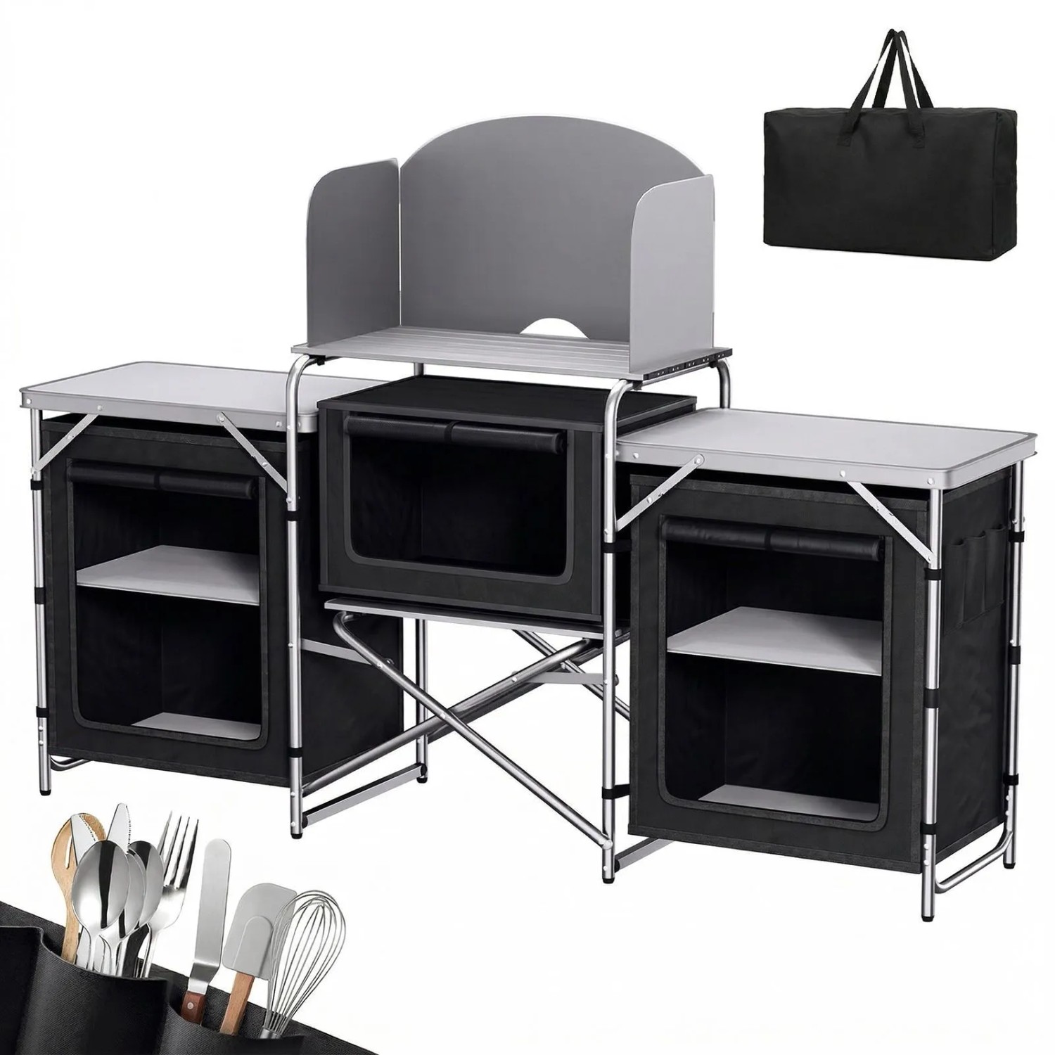 Sekey Campingschrank XXL Faltbar Campingküche mit Aluminiumgestell Schwarz