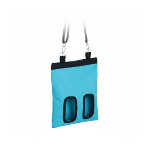 Blaue Heutasche aus Baumwolle/Polyester für Kleintiere. Mit 2 ovalen Öffnungen und verstellbarem Aufhängeband.