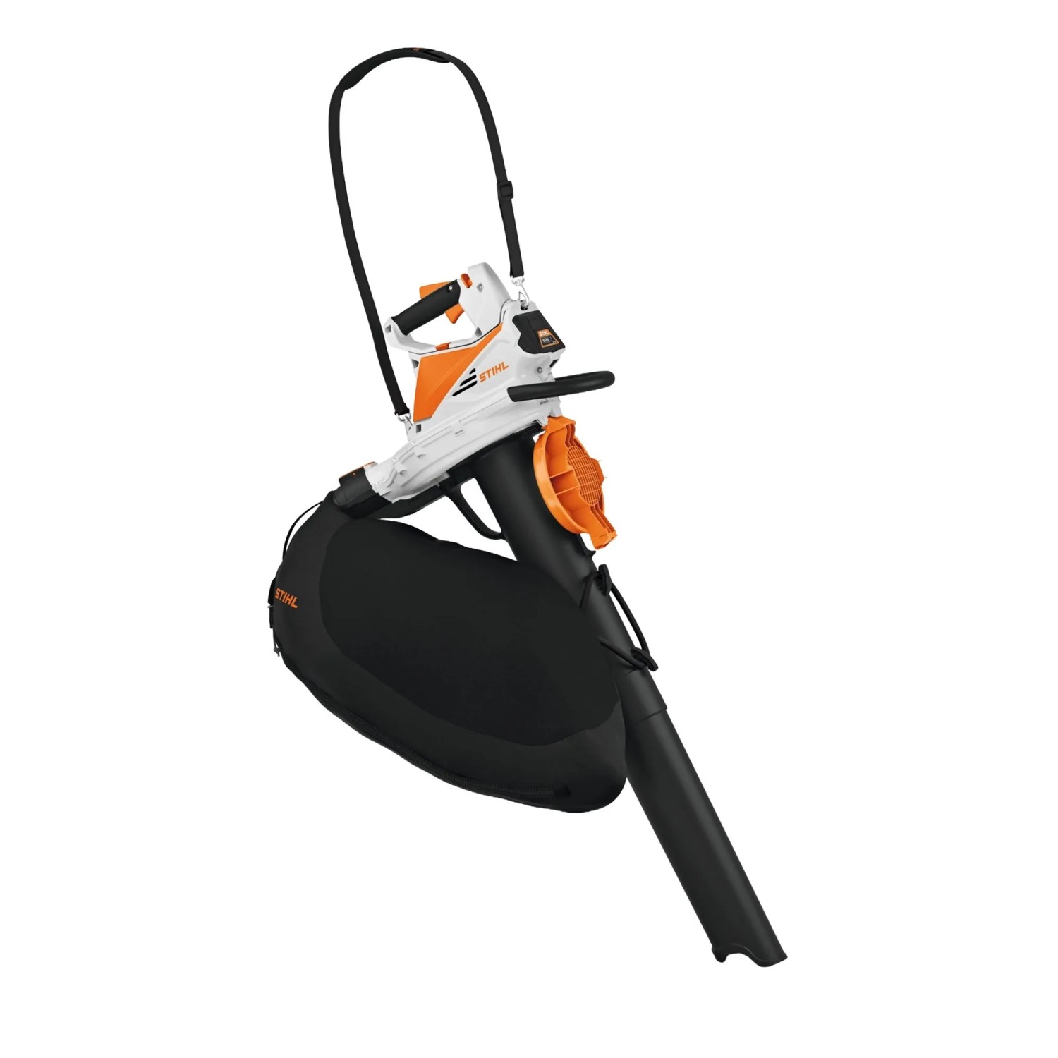 Stihl Akku-Saughäcksler SHA 56 (ohne Akku/Ladegerät) in Orange mit Fangsack und Blasrohr.